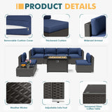 Betterland 8 Piece Outdoor Sectional Sofa Set with Fire Pit Table, Patio Furniture Set, All-Weather PE Black Wicker Patio Conversation Set with Washable Cushion and Glass Table(Dark Blue Cushions) Betterland