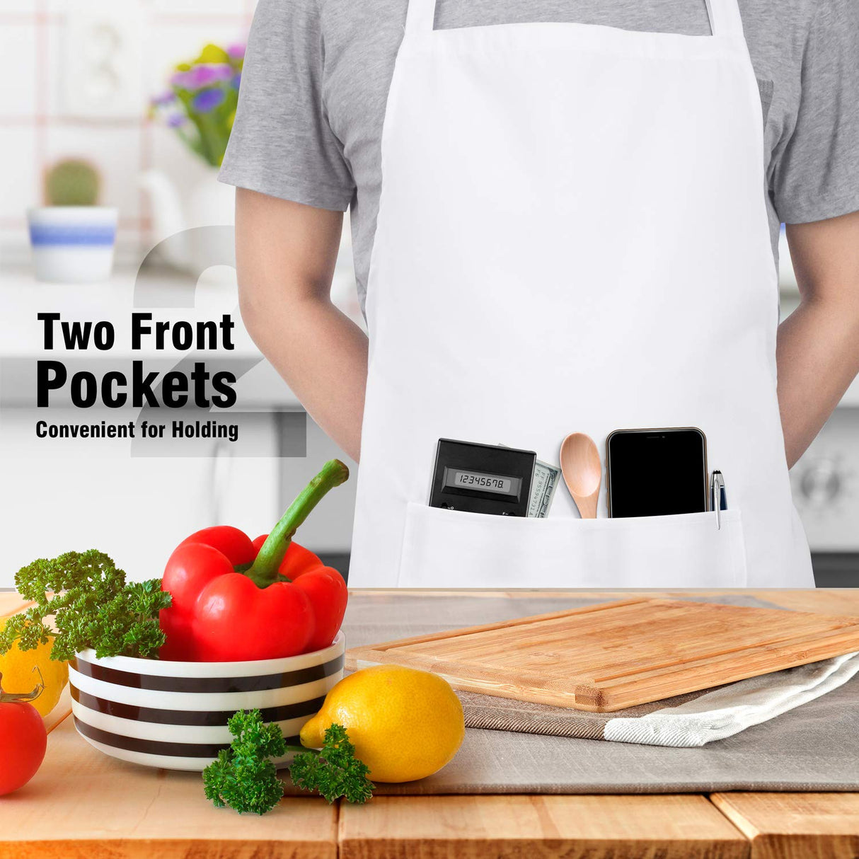 Xornis 2 Pack Bib Aprons with 2 Pockets Kitchen Apron Cooking Chef, White Xornis