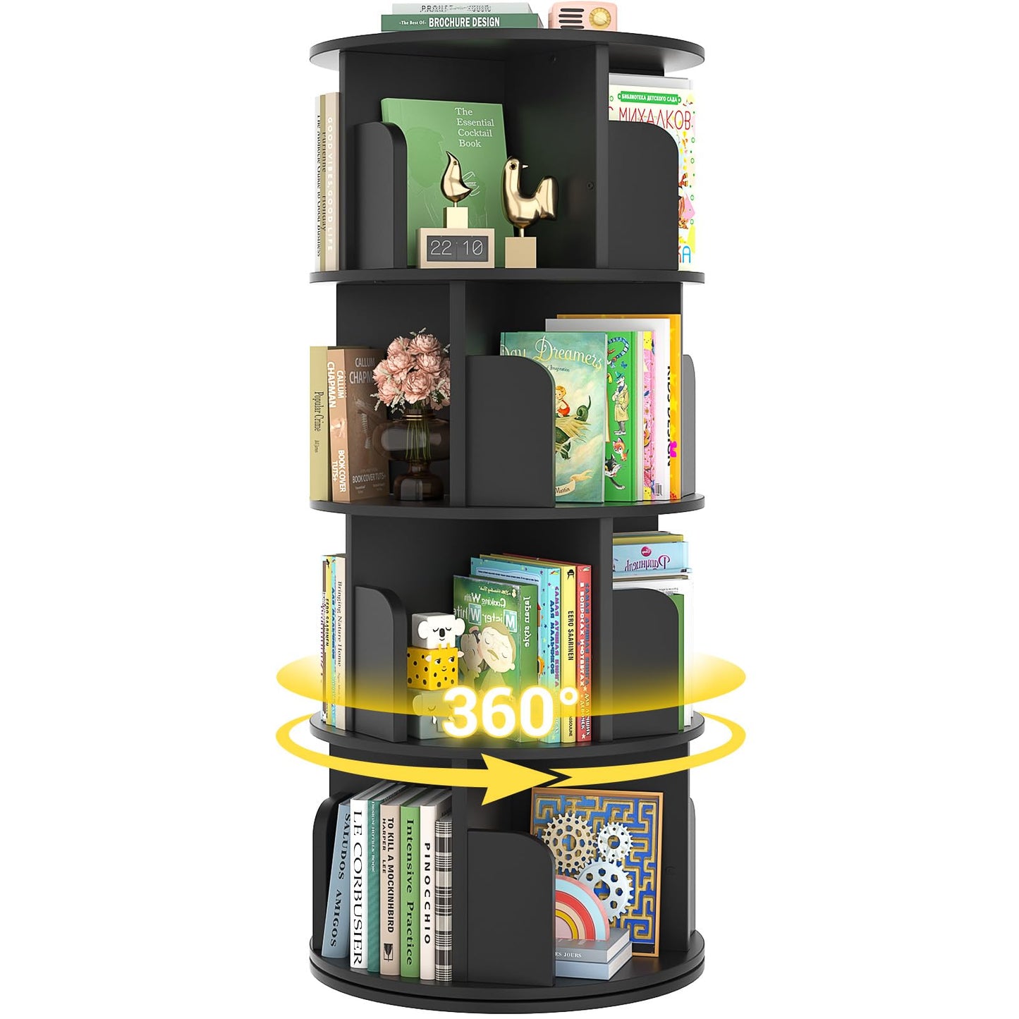 Besiost 360° Rotating 4-Tier Black Corner Bookshelf for Small Spaces - WoodArtSupply