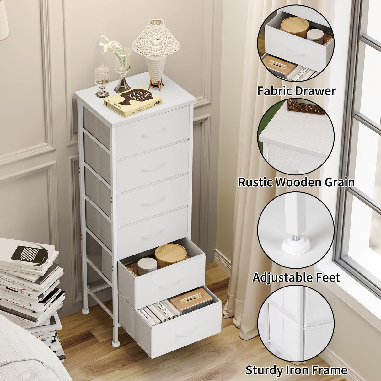 Fixwal White Tall Dresser for Bedroom Closet Organizers and Storage Tall Fabric Dresser with 6 Drawers, Small Clothes Storage Girl Bedroom Furniture Fixwal