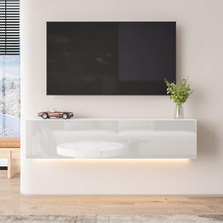 HOMMPA Floating TV Stand with Led Light for 63 Inch TVs Wall Mounted Led Entertainment Center with High Gloss Storage Modern Floor White Mounted Media Console for Living Room HOMMPA