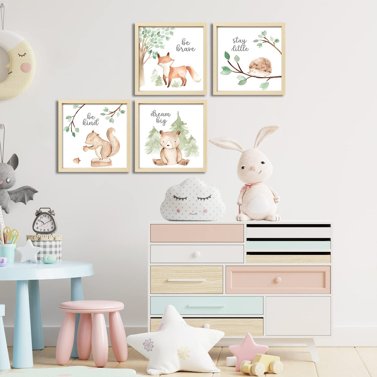 ArtbyHannah Framed Woodland Nursery Cute Wall Decor, 10x10 inch Safari Animals Prints Baby Wall Art with Wood Picture Frames for Kids Playroom Light-Wood Decoration(4 Pack, Fox, Owl, Squirrel, Bear) ArtbyHannah