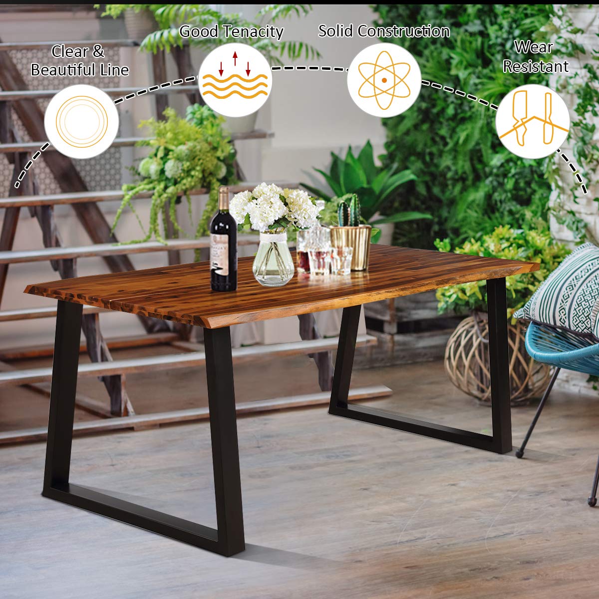 Giantex Rectangular Acacia Wood Dining Table Rustic Indoor & Outdoor Furniture (Rustic Brown&Black) Giantex