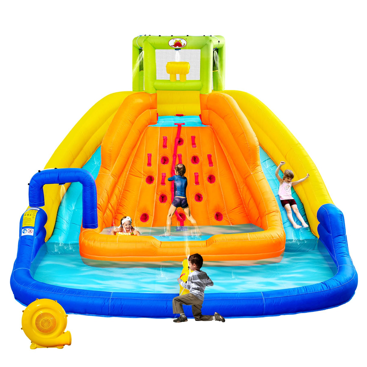 WELLFUNTIME Inflatable Water Slide, Bounce House with Water Bucket, Deep Pool, Climbing Wall with Rope, Bouncy Castle with Air Blower WELLFUNTIME