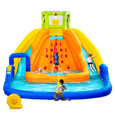WELLFUNTIME Inflatable Water Slide, Bounce House with Water Bucket, Deep Pool, Climbing Wall with Rope, Bouncy Castle with Air Blower