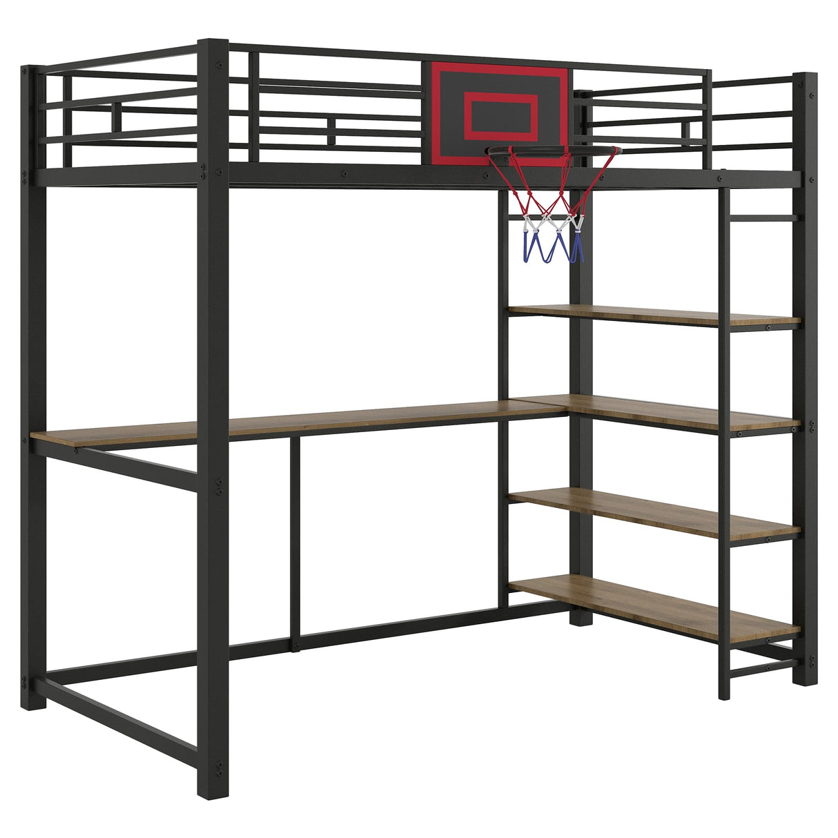 Twin Size Loft Bed with Desk and Storage Shelves,Metal Loft Bed with Basketball Hoop,Heavy Duty Loft Bed Frame for Kids,Teens,Adults,High Loft Bed Frame Twin Size, Space Saving, Black Bellemave