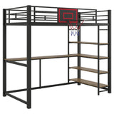Twin Size Loft Bed with Desk and Storage Shelves,Metal Loft Bed with Basketball Hoop,Heavy Duty Loft Bed Frame for Kids,Teens,Adults,High Loft Bed Frame Twin Size, Space Saving, Black Bellemave