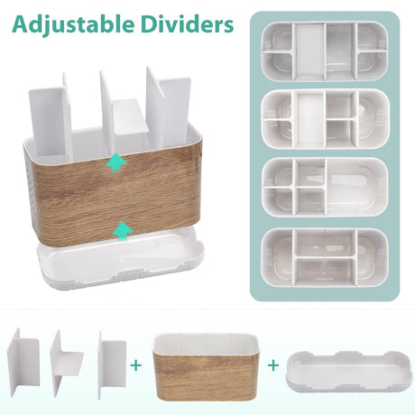 Boperzi Toothbrush and Toothpaste Holder Wood Grain for Bathroom Countertop with Adjustable Dividers, Toothpaste Caddy Organizer Storage Rustic Decor Set Freestanding Anti-Slip for Shower,Family,Kids Boperzi