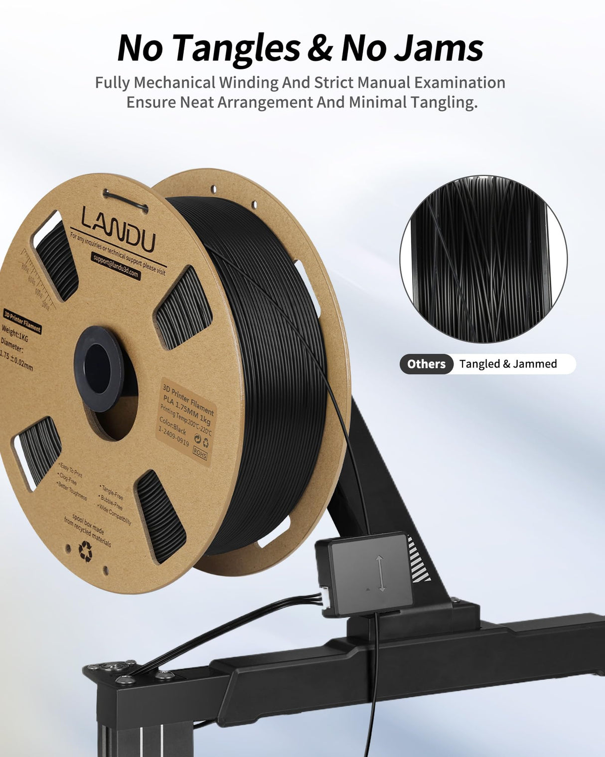 LANDU PLA Filament 1.75mm Black 1KG, 3D Printer Filament 1kg Cardboard Spool(2.2lbs), Dimensional Accuracy +/- 0.02mm, Neatly Wound 3D Printing Filament Fits for Most FDM 3D Printers, Black PLA LANDU