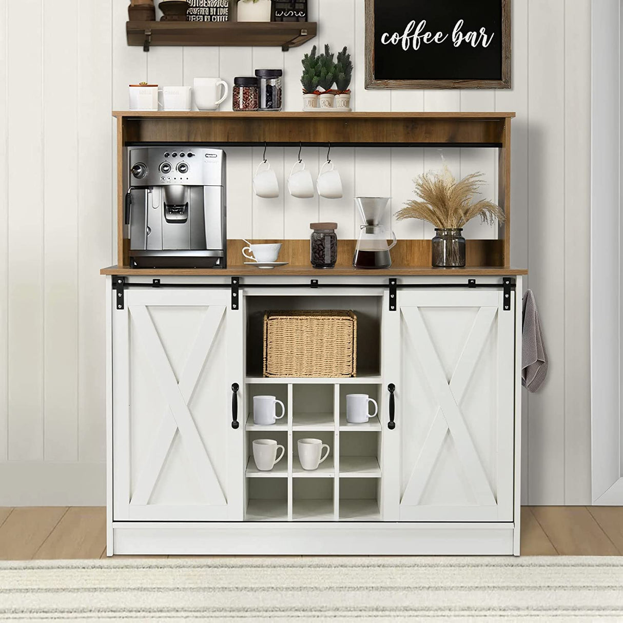 4 EVER WINNER Farmhouse Coffee Bar Cabinet with Hutch, 47” Sideboard Buffet Cabinet w/Sliding Barn Doors, 6 Hooks, Liquor Cabinet with Floating Shelf Wine Racks for Living Dining Room, White 4 EVER WINNER
