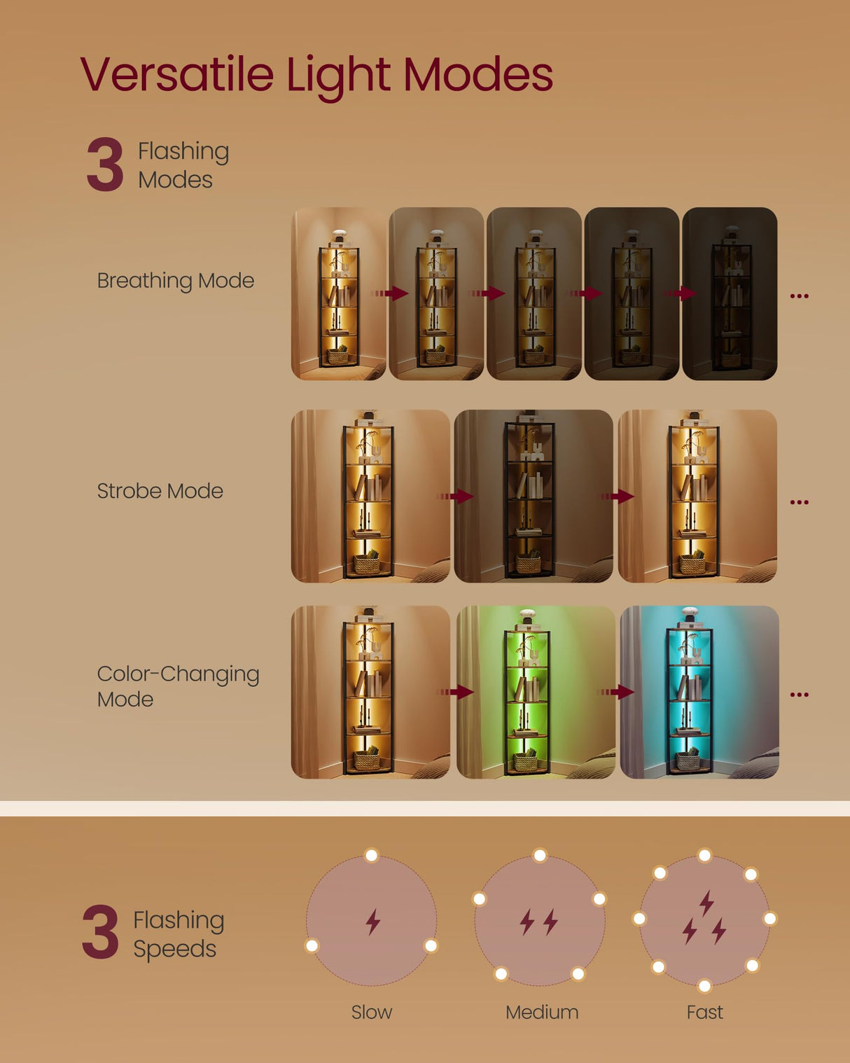 VASAGLE Corner Shelf Stand with LED Lights, 5-Tier Corner Bookshelf, Storage Shelf with Steel Frame, 9.8 x 18.9 x 57.7 Inches, for Living Room, Bedroom, Study, Rustic Brown ULBC590K01 VASAGLE