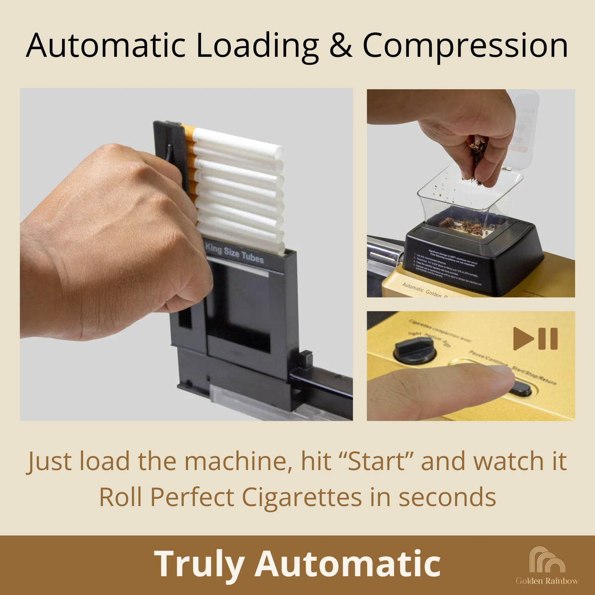 HSPT Golden Rainbow Electric Cigaretterolling Machine - Fully Automatic Tobacco Injector Roller for MYO King Size Cigarettes, with Adjustable Density, Counter, Jam Protection, Loads 10 Tubes at a Time HSPT Golden Rainbow