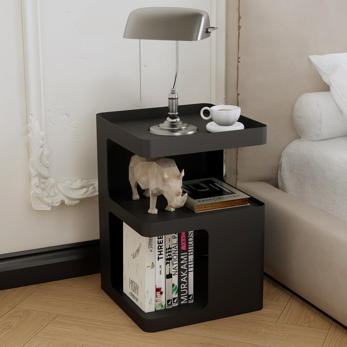 BUZUEY Side Table,Modern end Table,Unique nightstand,Black Metal Bedside Table,3-Tier Accent Table with Storage for Bedroom,Living Room,Small Space,Couch.No Assembly Required BUZUEY