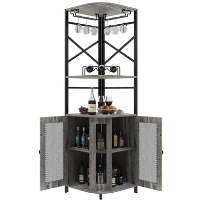 Aufvolr Bar Cabinet w/Wine Rack and Glass Holder, Corner Cabinet with Mesh Door, Corner Bar Cabinet with Adjustable Shelf, Liquor Cabinet Bar for Home (Grey