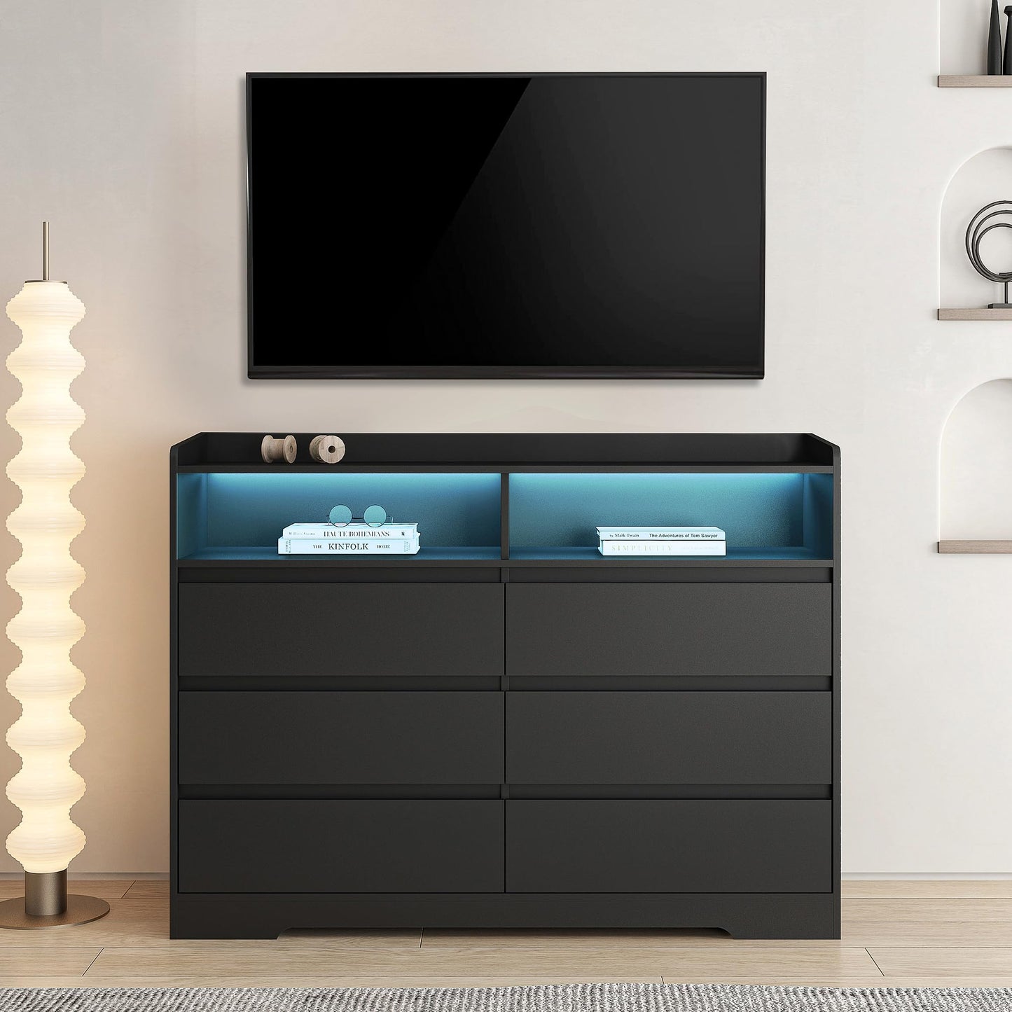 Spaco Black Dresser for Bedroom, 6 Drawer Dresser with LED Lights and 2 Cubby,Chest of Drawers,Wood Dresser,Dresser Bedroom Furniture,Wide TV Stand Dresser for Kid's Room,Nursery - WoodArtSupply