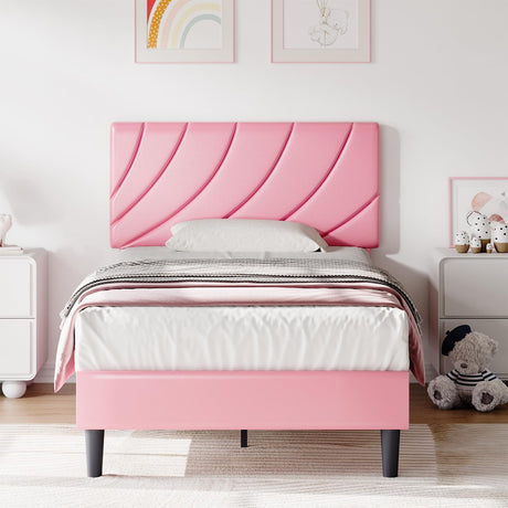 HOMBCK Twin Bed Frames/Faux Leather Upholstered Platform Bed with Headboard/Strong Wooden Slats/No Box Spring Needed/Easy Assembly/Pink HOMBCK