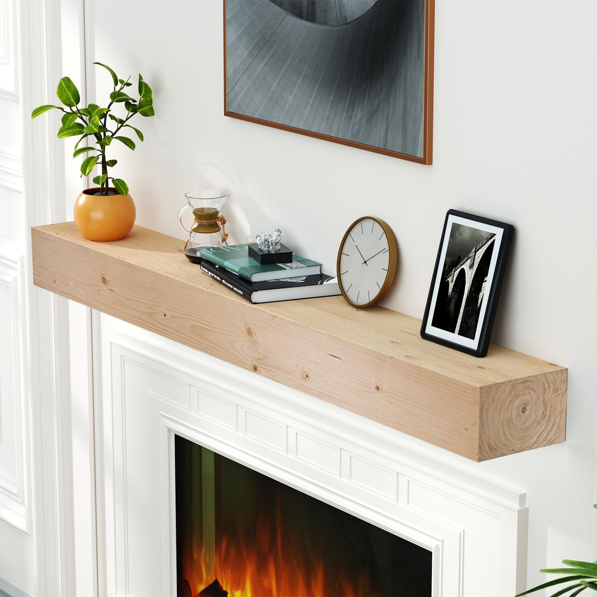 LOVMOR Floating Fireplace Mantel-60in Wood Mantels for Over Fireplace,Wall Mount Fireplace Mantel Shelves,Natural Mantels Over Fireplace | 60" x 8" x 5"-Clear Varnished Natural Wood LOVMOR