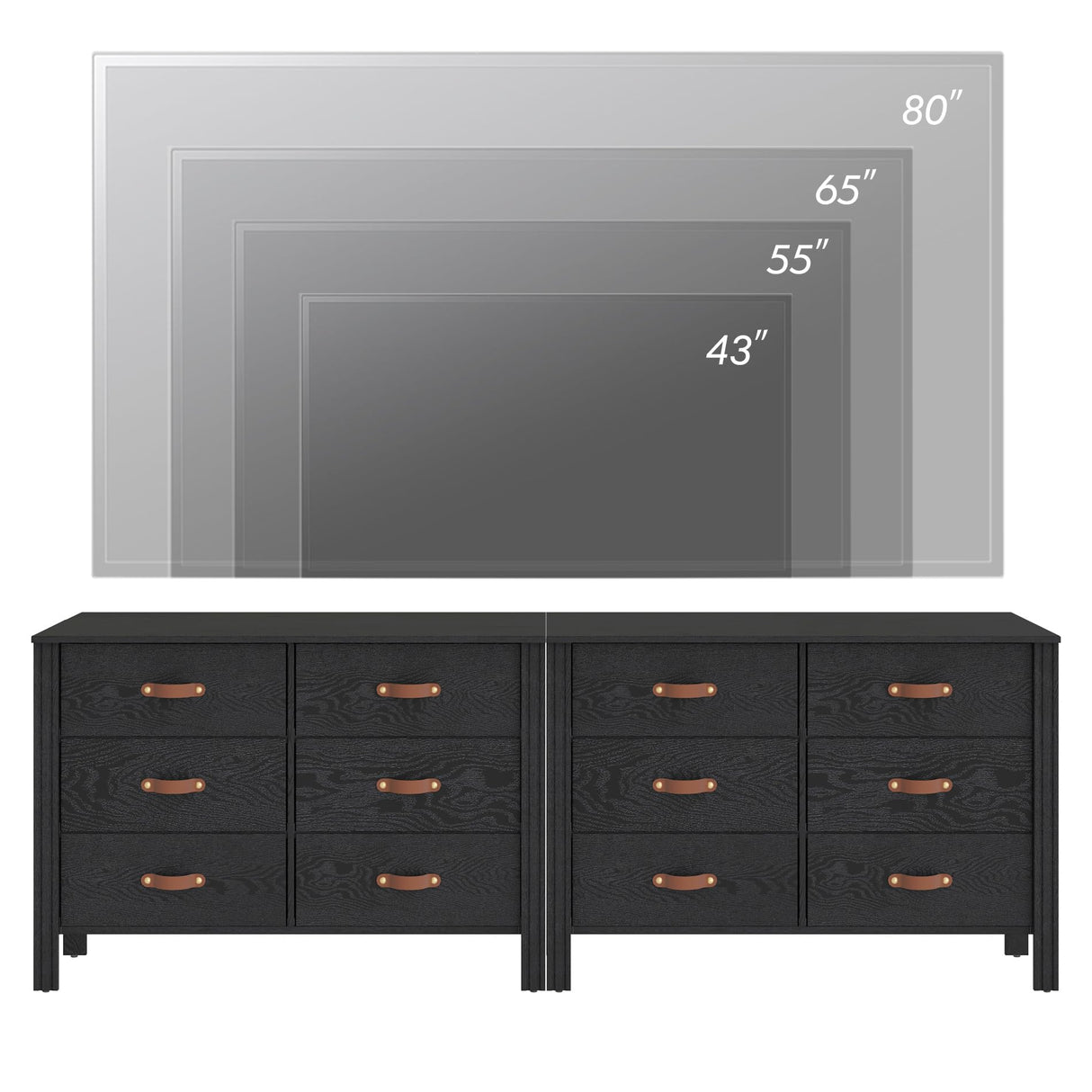 WAMPAT Black Dresser for Bedroom, Long Wide Dresser with 12 Drawers, Kids Dressers & Chests of Drawers, Set of 2 Classic Wooden Storage Cabinet Organizer for Closet, Living Room, Hallway WAMPAT