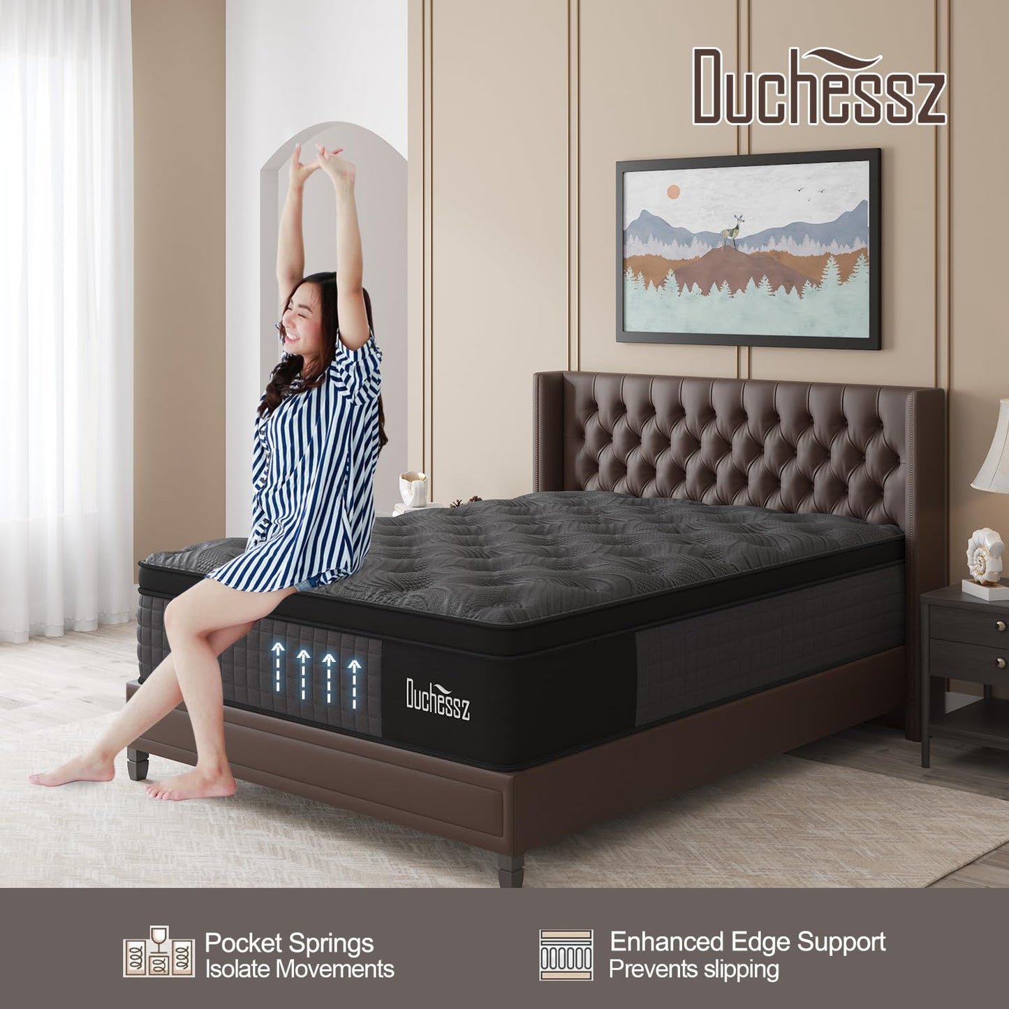 Duchessz King Mattress, 14 Inch Hybrid Mattress Black with Gel Memory Foam and Individually Pocket Innerspring Euro Top Mattress Medium Firm for Motion Isolation, Edge Support, 100 Night Trial