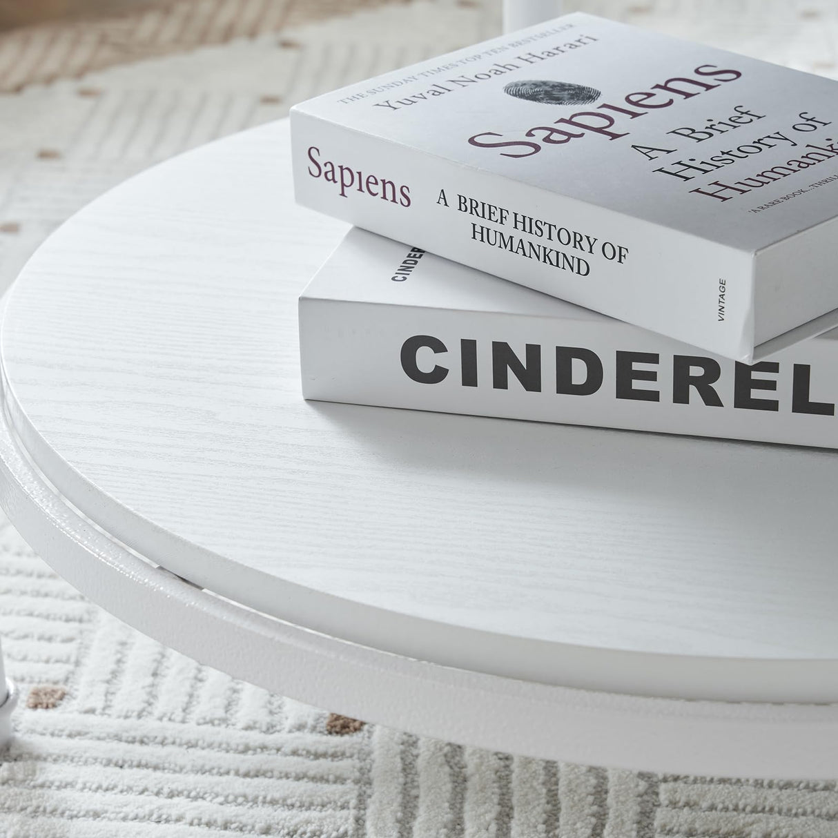 VINGLI 25.6" Rustic Oak White Round Farmhouse Coffee Table, 2-Tier Storage Wood Center Circle Accent Table for Living Room, Bedroom, Apartment, Studio and Small Spaces, Sturdy Metal Frame VINGLI