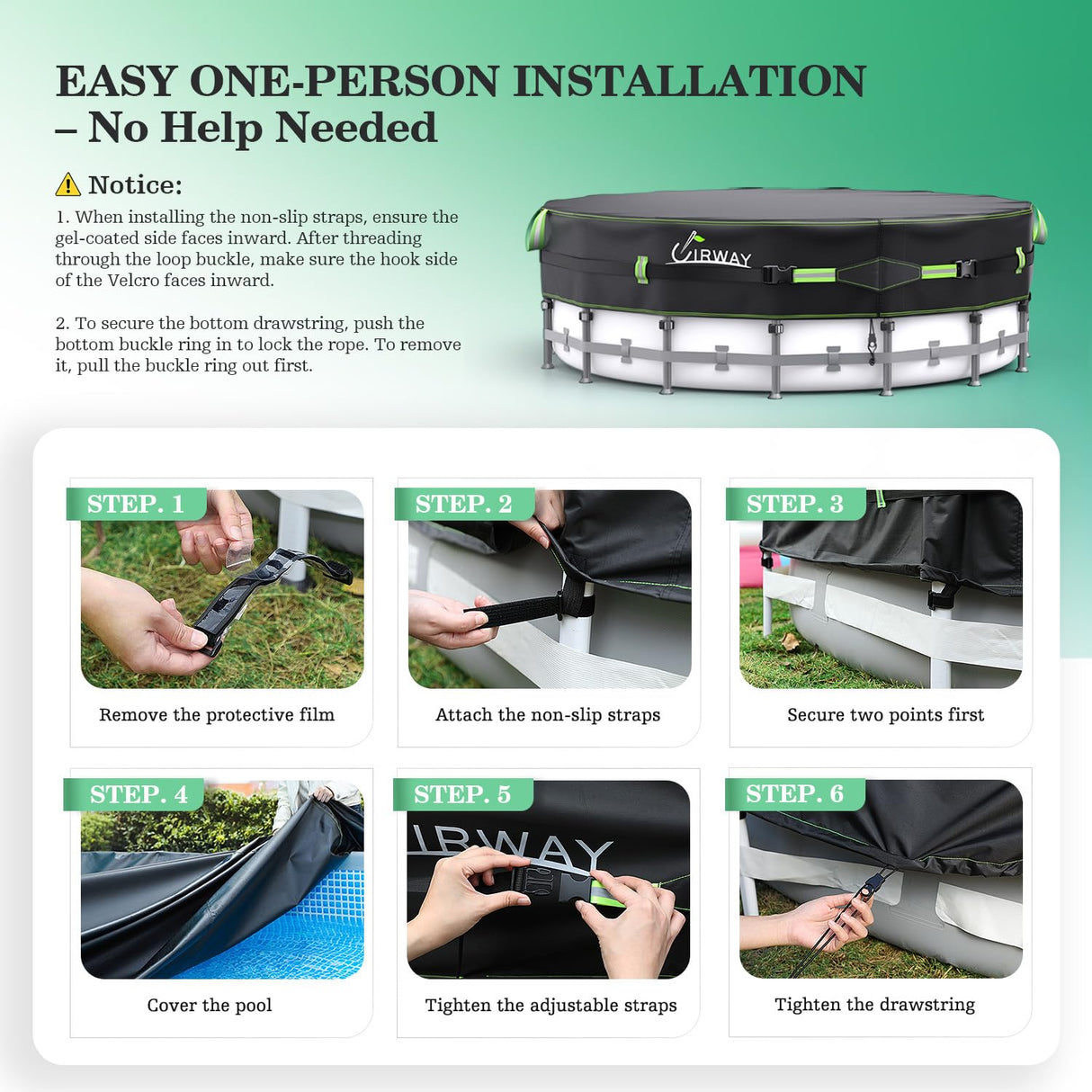 UIRWAY 500D Pool Cover 18FT Round [2025 Upgraded Heavy Duty Fabric] Solar Pool Covers for Above Ground Pools, New Super Windproof Gel-Coated Tarp Straps, Swimming Pool Covers with UV Protection UIRWAY