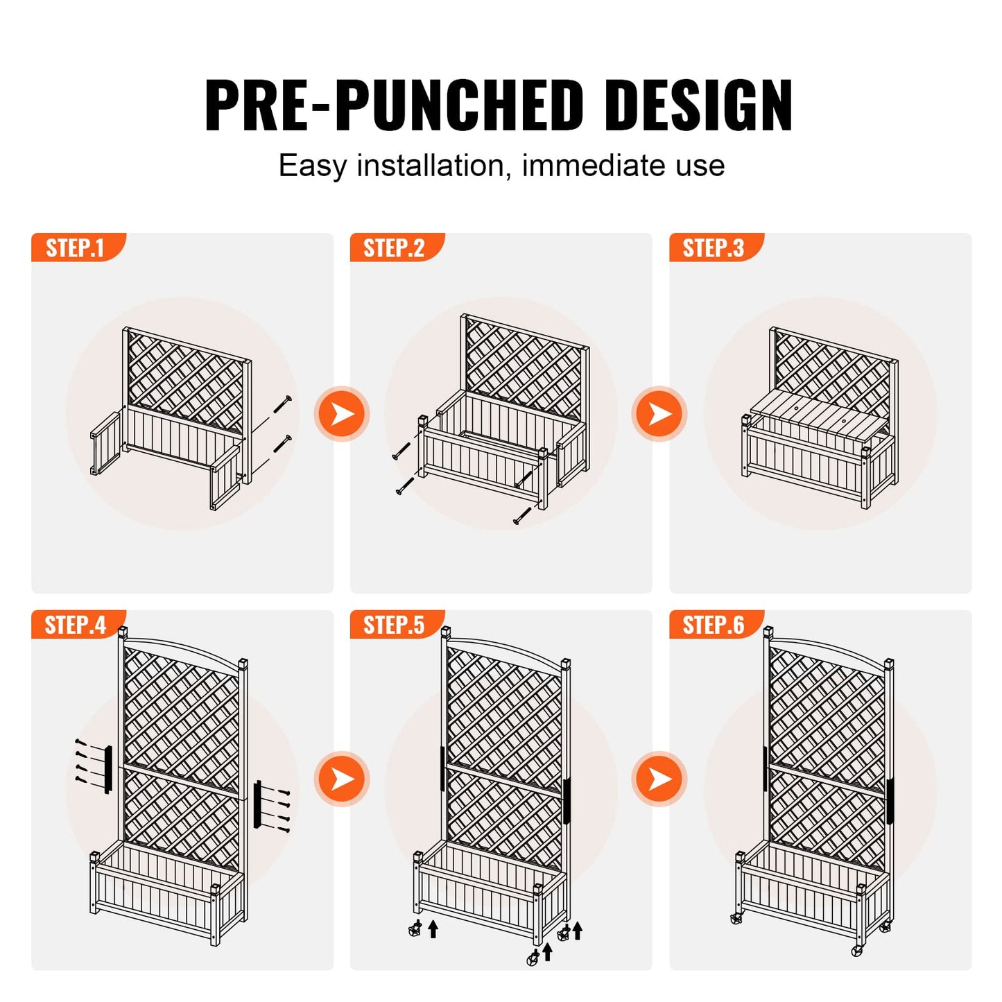 VEVOR 2PCS Wood Planter with Trellis, 60"x13"x61.4" Outdoor Raised Garden Bed with Drainage Holes, Free-Standing Trellis Planter Box for Vine Climbing Plants Flowers in Garden, Patio, Balcony