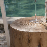 COSIEST Outdoor End Table Light Oak Colored Faux Wood, Hand-Painted Wood Stump Stool, Ottoman or Plant Stand, Deck or Garden COSIEST