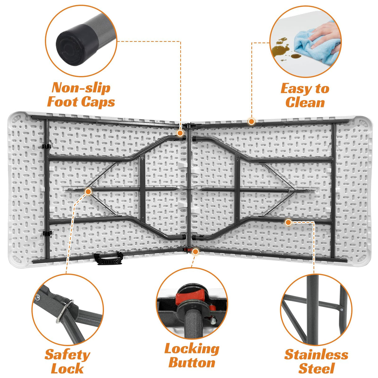 Folding Table 6 Foot Indoor Outdoor Heavy Duty Plastic Portable Fold Up Table Utility Camping Dining Party Table, Easy to Assemble, White Dkeli