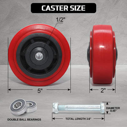 ZDNEY 5 Inch Polyurethane Caster Wheels- Polyurethane on Polyolefin Core Wheel with Double Roller Bearing, Casters Set of 4 Heavy Duty with 4000 lbs Capacity, Use for Handling, Industrial Trolleys