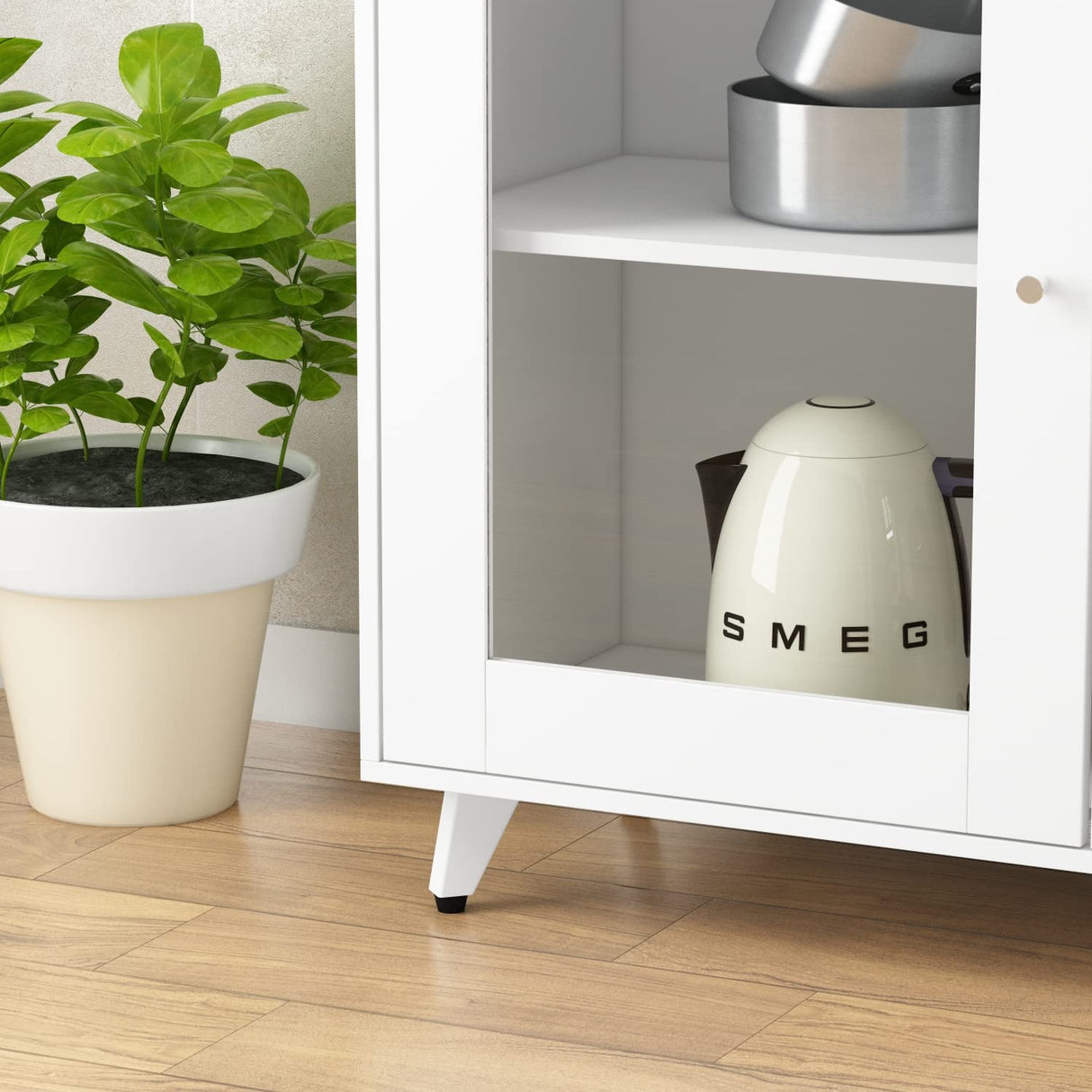 ECACAD Freestanding Kitchen Pantry Storage Cabinet with 4 Glass Doors, Shelves & 4 Drawers, Modern Sideboard Buffet Cabinet, Wood Kitchen Cupboard with Hutch and Hooks, White ECACAD