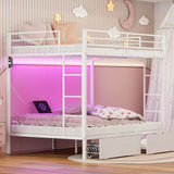 IKIFLY Full Over Full Bunk Beds with 2 Storage Drawers, Heavy Duty Metal Bunk Bed with LED Lights and Charging Station, Safety Guardrail & 2 Ladders, Space-Saving, No Box Spring Needed, White IKIFLY