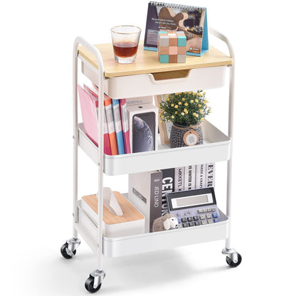 TOOLF 3-Tier Metal Utility Rolling Cart with Drawer and Wooden Table Top, Storage Cart White Trolley Kitchen Organizer Rolling Desk with Locking Wheels for Office, Classroom, Home, Bedroom