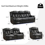 Manual Recliner Sofa Set 3 Piece with Wireless Charger for Living Room,Leather 3 Seater Reclining Couch with Bass Speaker and Loveseat Theater Seating,Home Electric Recliner Chair with LED Light,Black Comfort Stretch