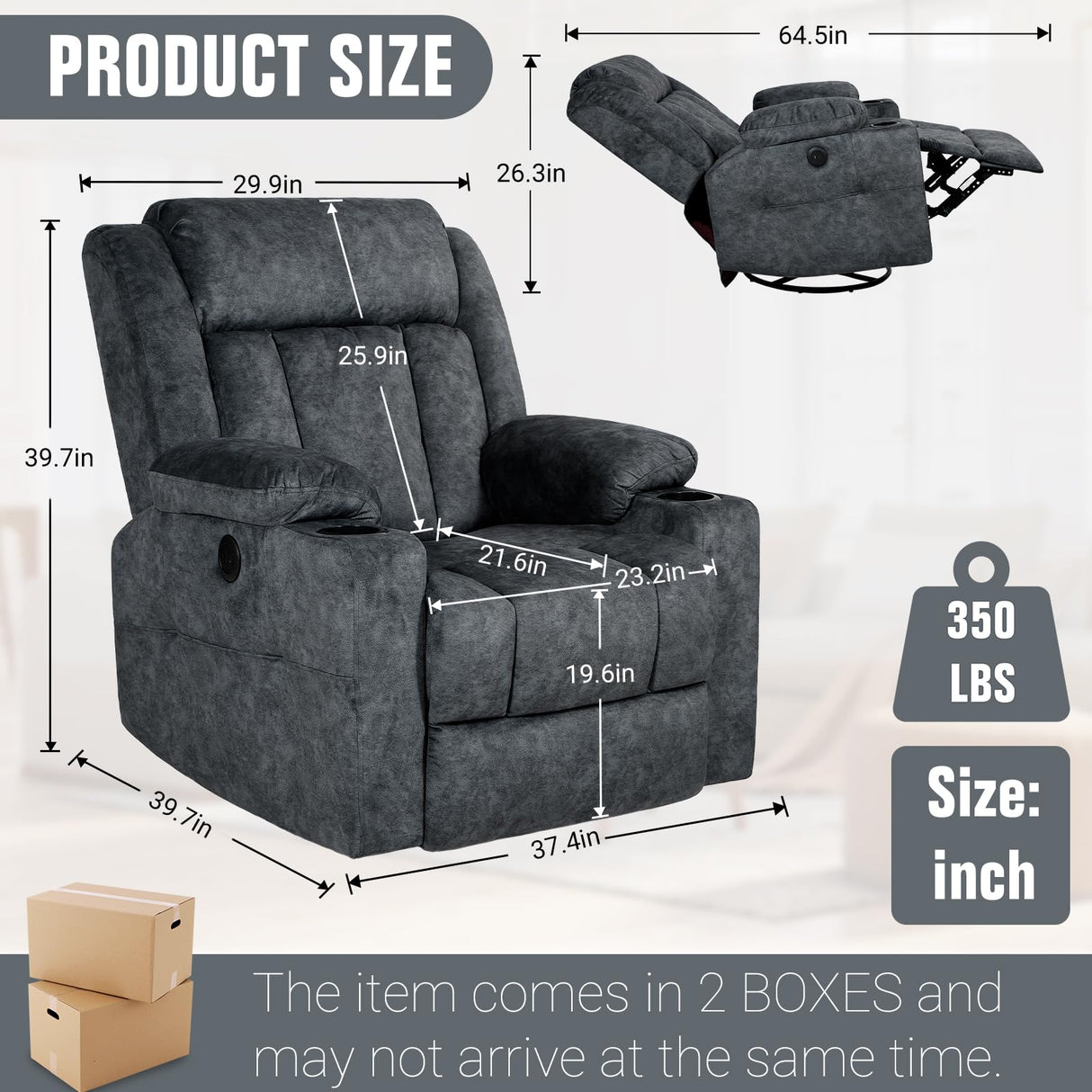 LAFWELL Retro Rocking Recliner Chair, Massage Rocker Recliner Chair with Vibration Massage and Heat, USB and Type-C Ports,360° Swivel Chairs,Living Room, Bedroom, Nursery, RV, Dark Grey LAFWELL