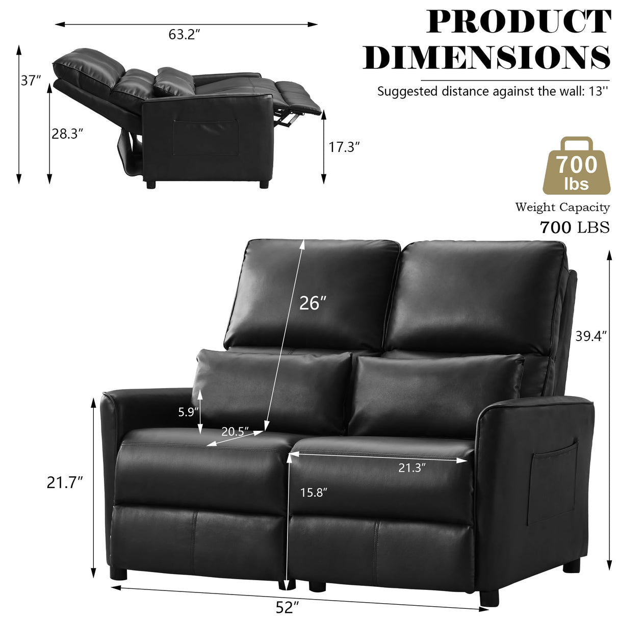 DRMBOOK 52'' RV Loveseat Recliner Sofa, Faux Leather Double Camper Couch 2 Seater Recliner, Home Movie Theater Seating Chair, 2 Person Push Back Recliners for Living Room, Black DRMBOOK