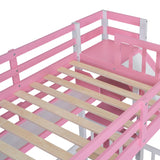 Ball & Cast Twin-Over-Twin Castle Style Bunk Bed,Wood Bunkbed w/ 2 Drawers and 3 Shelves,Full-Length Fence,Bedframe with Slide & Storage Ladder,Space Saving,Slat Support,for Child's Bedroom,Pink Ball & Cast