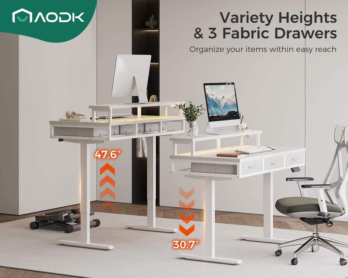 AODK Electric Standing Desk with Drawers, 47 Inch Height Adjustable Small Desk with Power Outlets & LED Lights, Sit Stand Table with Monitor Stand for Home, Office, Workstation, White AODK
