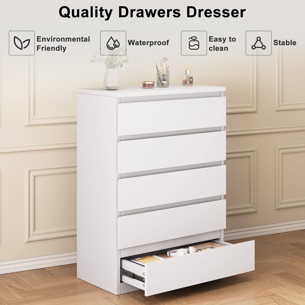 Jocoevol White 5 Drawer Dresser for Bedroom, 15" D x 23.7" W x 40.4" H in Simply Modern Chest of Drawers, Wood Storage Dresser with Deep Drawers for Living Room Hallway Entryway, White Jocoevol