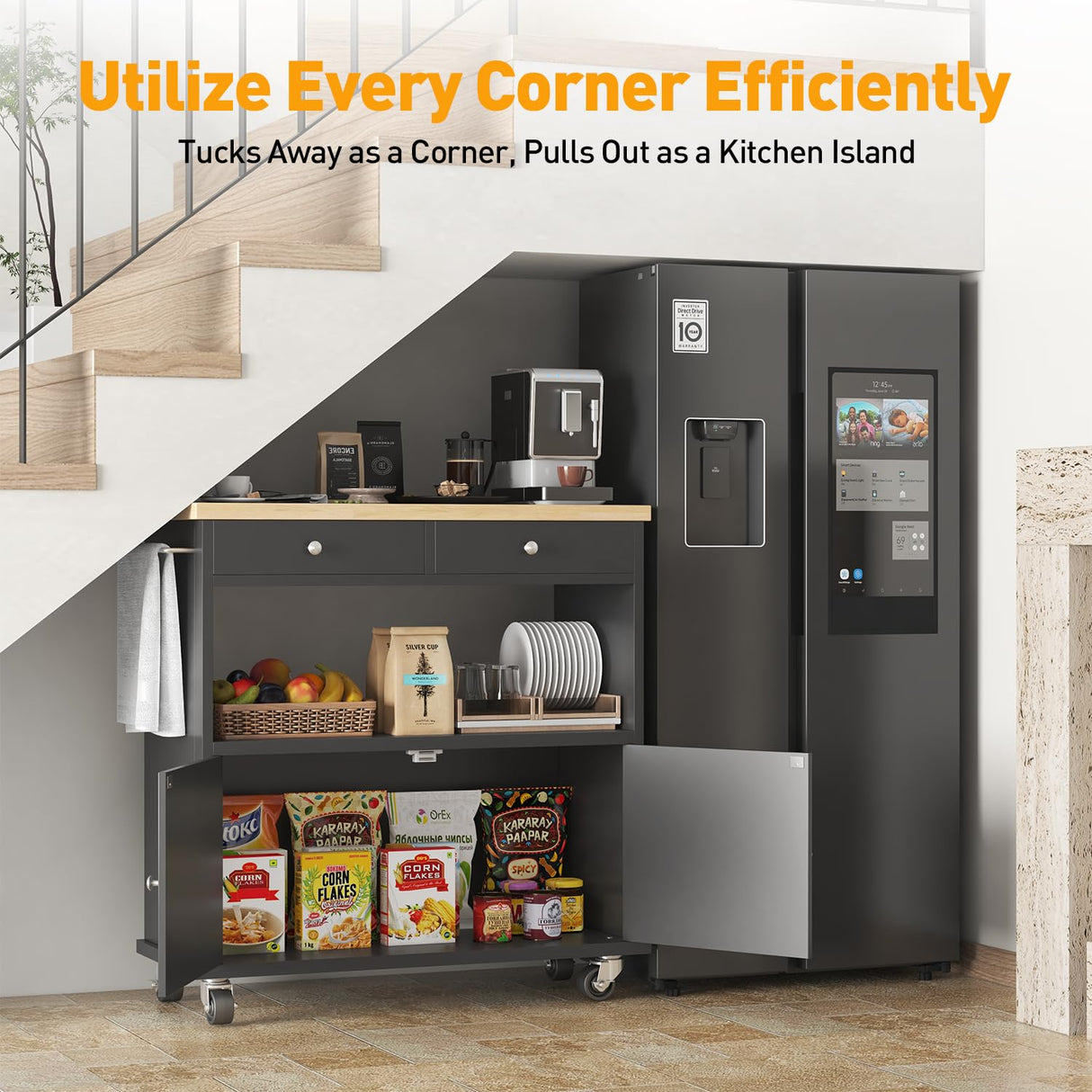 knoworld Rolling Kitchen Island with Storage Cabinet, 35.4'' Width Kitchen Cart, 2 Drawers Island Table, Portable Mobile Kitchen Island with Towel Rack, Wood Top and Lockable Wheels, Black knoworld