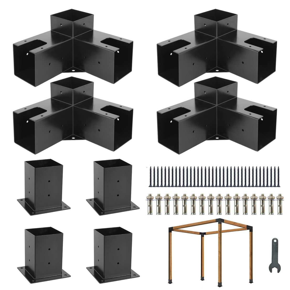8PCS Pergola Kit Corner Brackets, BRRIY Pergola Brackets Kit 4x4 with 4 3-Way Angle Corner Brackets and 4 Post Bases(3.5inchx3.5inch), Gazebo Kits for Extension Gazebo BRRIY
