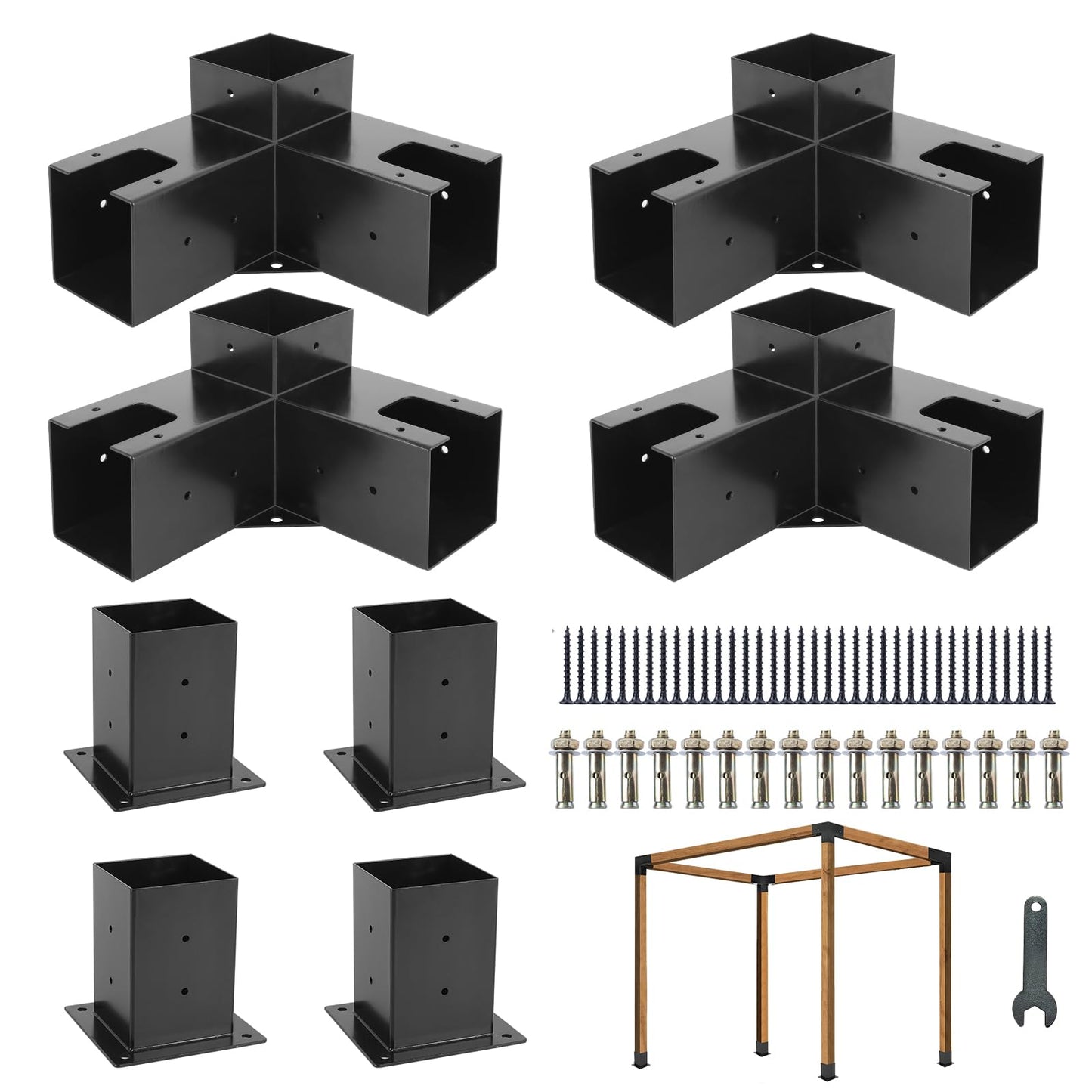 8PCS Pergola Kit Corner Brackets, BRRIY Pergola Brackets Kit 4x4 with 4 3-Way Angle Corner Brackets and 4 Post Bases(3.5inchx3.5inch), Gazebo Kits for Extension Gazebo