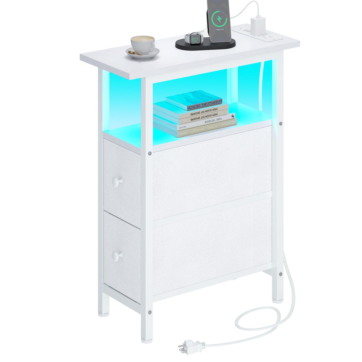 TRIFEBLE End Table with Charging Station, Narrow Side Table with 2 Fabric Drawers, Skinny Nightstand with LED Light, Slim Bedside Table for Bedroom, Living Room, Small Spaces, White TRIFEBLE