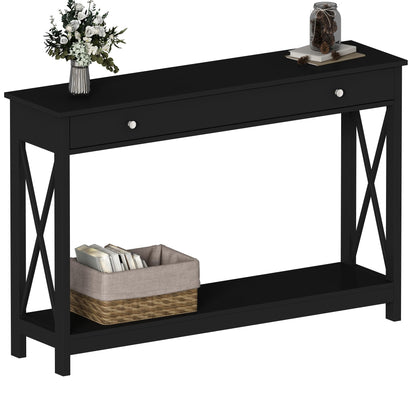 Treocho 47" Farmhouse Console Table with Drawer and Storage Shelves, Foyer Sofa Table Narrow for Entryway, Living Room, Hallway, Black