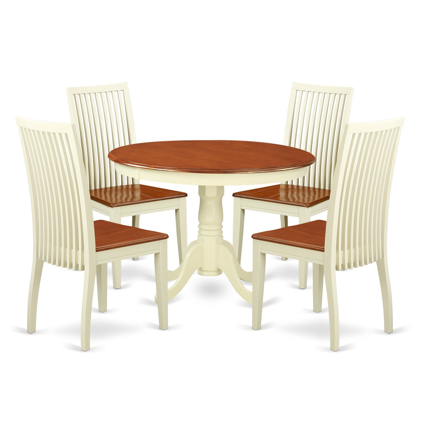 East West Furniture HLIP5-BMK-W 5 Piece Dining Room Furniture Set Includes a Round Kitchen Table with Pedestal and 4 Dining Chairs, 42x42 Inch, Buttermilk & Cherry - WoodArtSupply