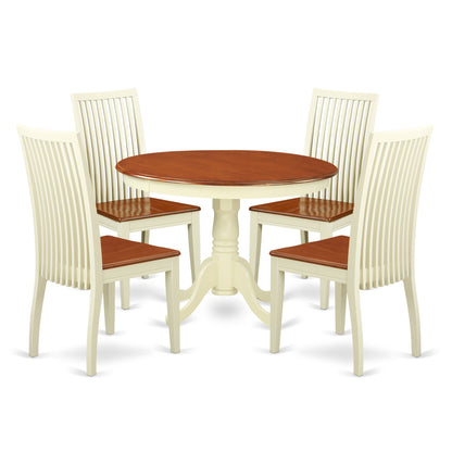 East West Furniture HLIP5-BMK-W 5 Piece Dining Room Furniture Set Includes a Round Kitchen Table with Pedestal and 4 Dining Chairs, 42x42 Inch, Buttermilk & Cherry - WoodArtSupply