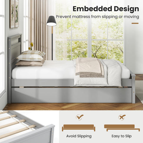 KOMFOTT Twin Bed Frame with Trundle, Wood Bed Frame with Pull-Out Trundle, Headboard & Footboard, Wooden Slat Support, No Box Spring Needed, Mattress Foundation (Grey) KOMFOTT
