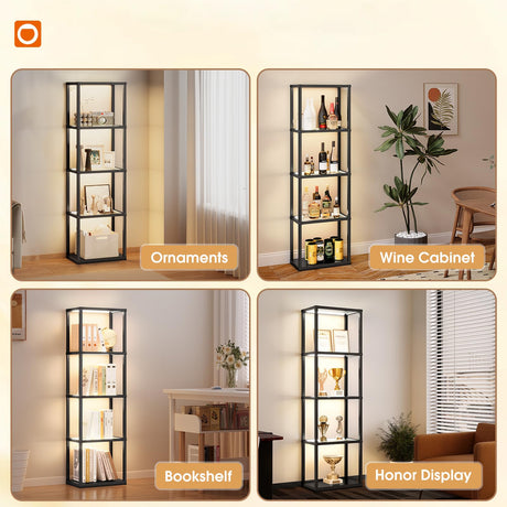 addlon Tall Display Shelf, Dimmable LED Lighted Shelves, Display Cabinet with Remote, Glass Curio Cabinet Bookcase with 3 Color Temperatures, Floor Lamp with Shelves for Living Room Decor addlon