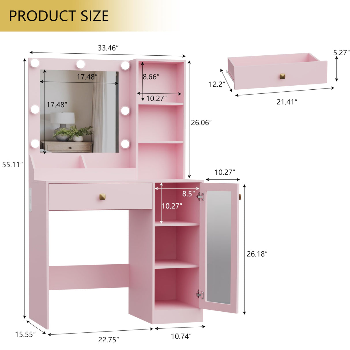 Thacuok Small Vanity Desk with Mirror and Lights,Makeup Table with Charging Station & RGB Storage Cabinet,Large Drawer & Storage Shelves,Girls Vanity,Bedroom Dressing Table,Pink Thacuok
