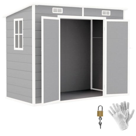 Outsunny 8' x 4' Outdoor Storage Shed, Resin Plastic Shed with Floor, Window, Lockable Doors and Vents, All-Weather Tool Shed for Backyard, Patio, Lawn, Gray Outsunny
