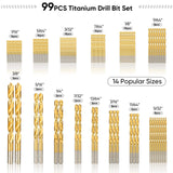 TICONN 99PCS Titanium Coated Drill Bit Set, 135 Degree Tip HSS Bits Kit with Storage Case for Aluminum, Copper, Soft Alloy Steel, Wood, Plastic Size from 1/16" to 3/8" TICONN